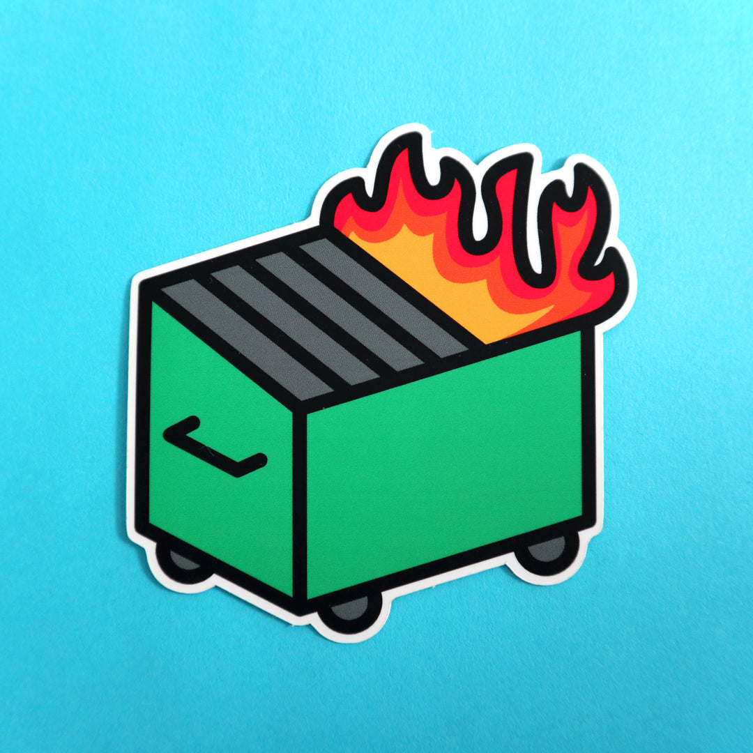 Dumpster fire sticker on a blue background