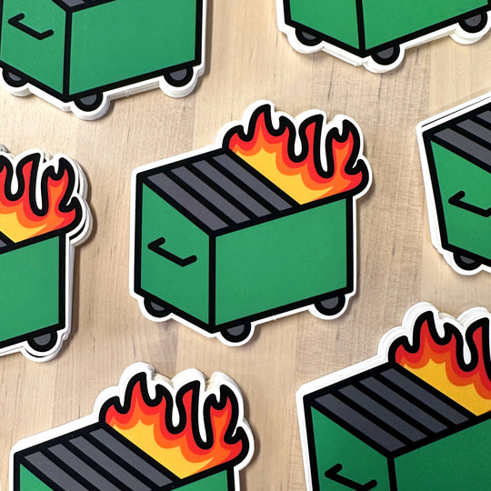 Dumpster fire stickers stacked in piles